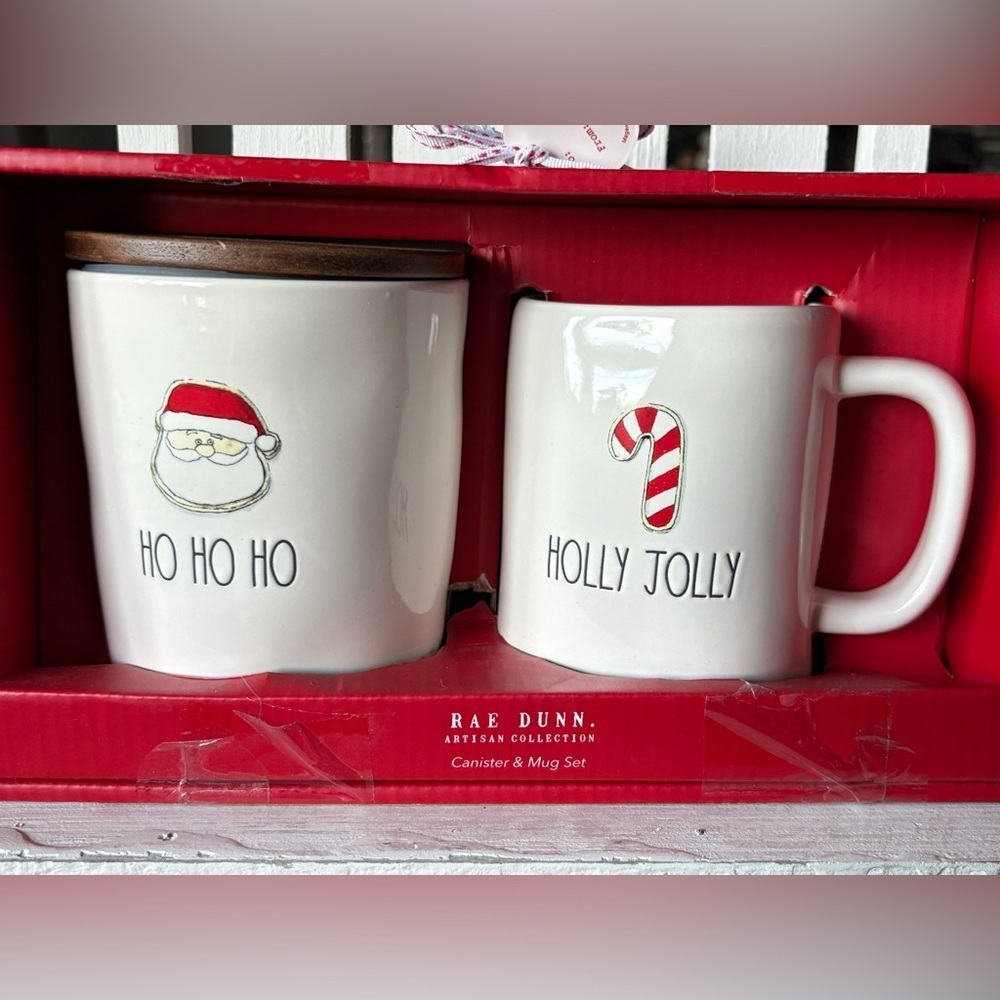Rae Dunn Red and White Holiday Canister and Mug Set